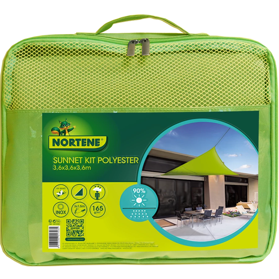 Nortene napvitorla háromszög alakú - 3,6 x 3,6 x 3,6m, zöld (Sun-Net Kit Polyester)